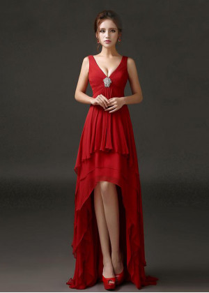 Red Pleated Chiffon High Low Sexy Evening Dress